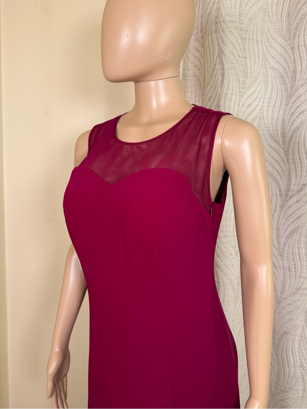 Sleeveless Sheath Dress with Mesh Yoke in Berry